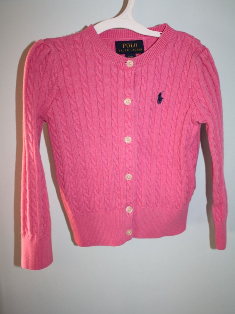 POLO RALPH LAUREN Size 3 3T Pink Long Sleeve Cable Knit Cardigan Sweater EUC